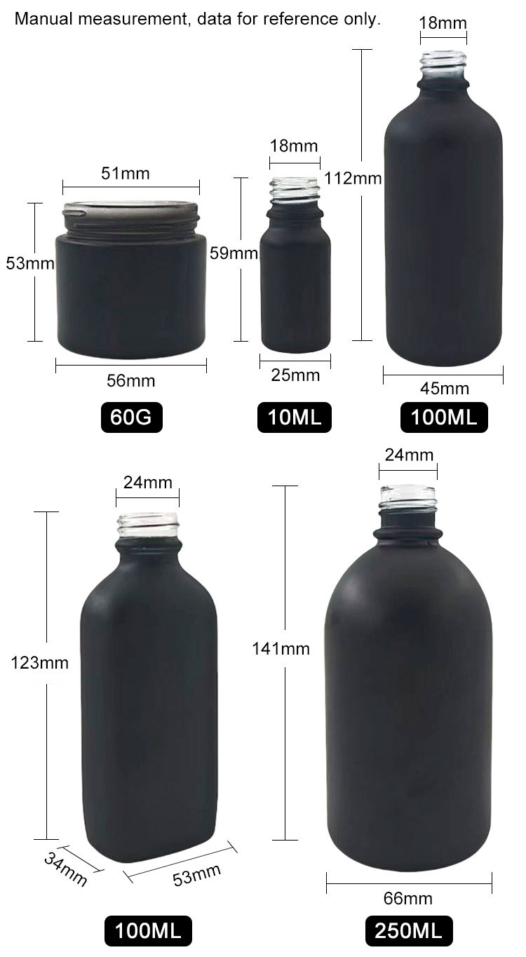 60g 10ml 100ml 250ml Matte black glass lotion essential oil bottle black jar lid cosmetic pump hair care packaging set