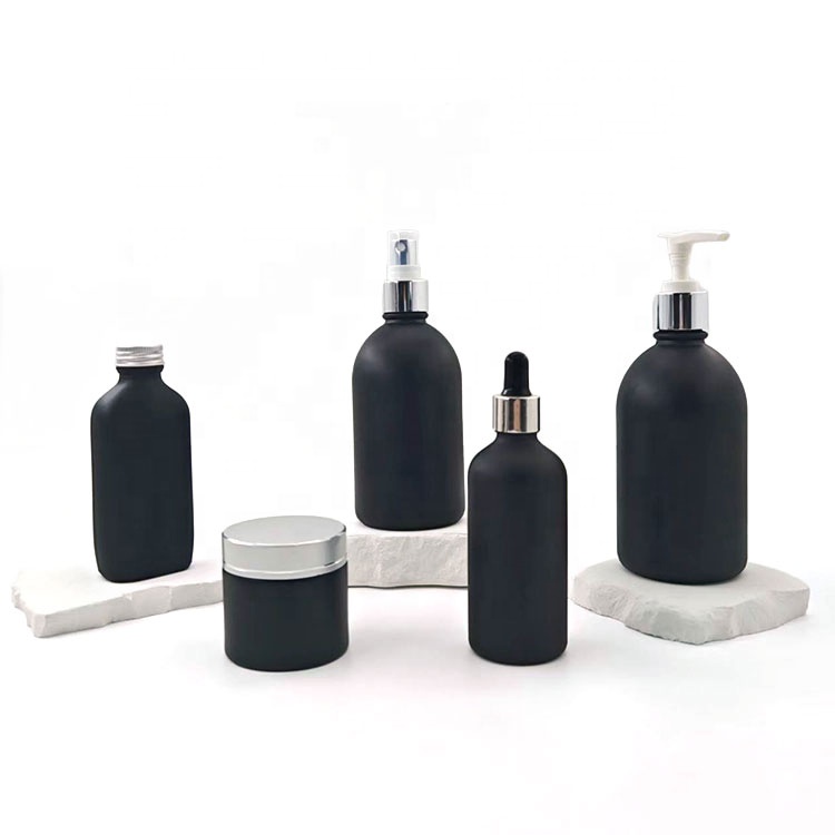 60g 10ml 100ml 250ml Matte black glass lotion essential oil bottle black jar lid cosmetic pump hair care packaging set