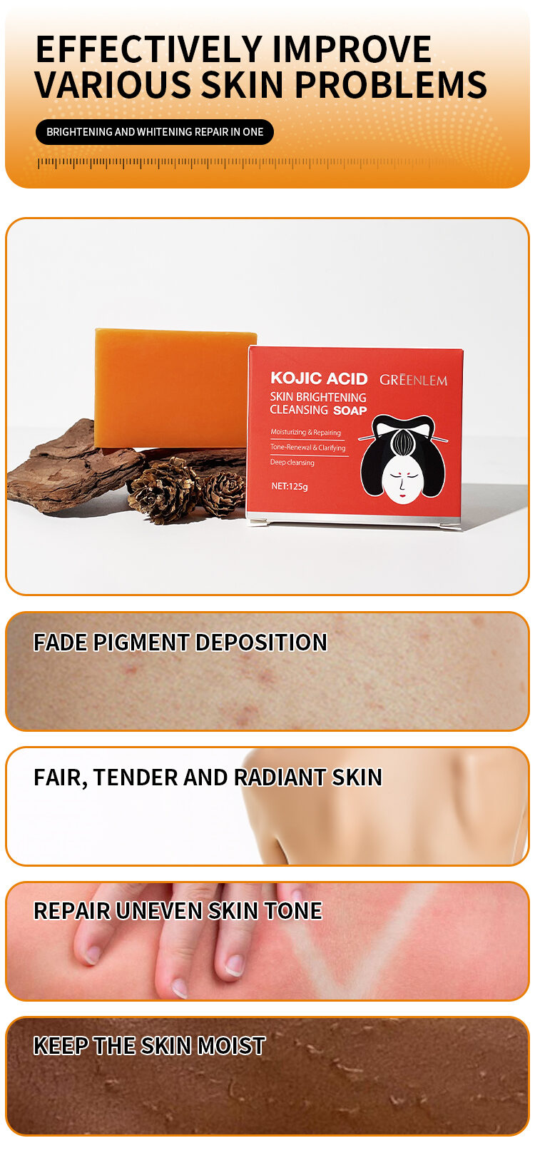 Natural Effective Kojic Acid Soap for Body Face Skin Brightening Exfoliating Bar Evens Skin Tone Fades Dark Spots Acne Marks(pic3)