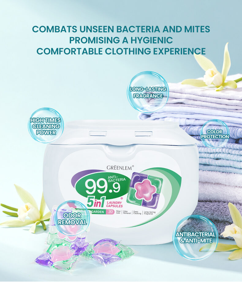 High Quality 5-in-1 Satin Removal DisposableDetergent Capsules Biodegradable Laundry Pods folApparel OEM Private Label Solid(pic3)