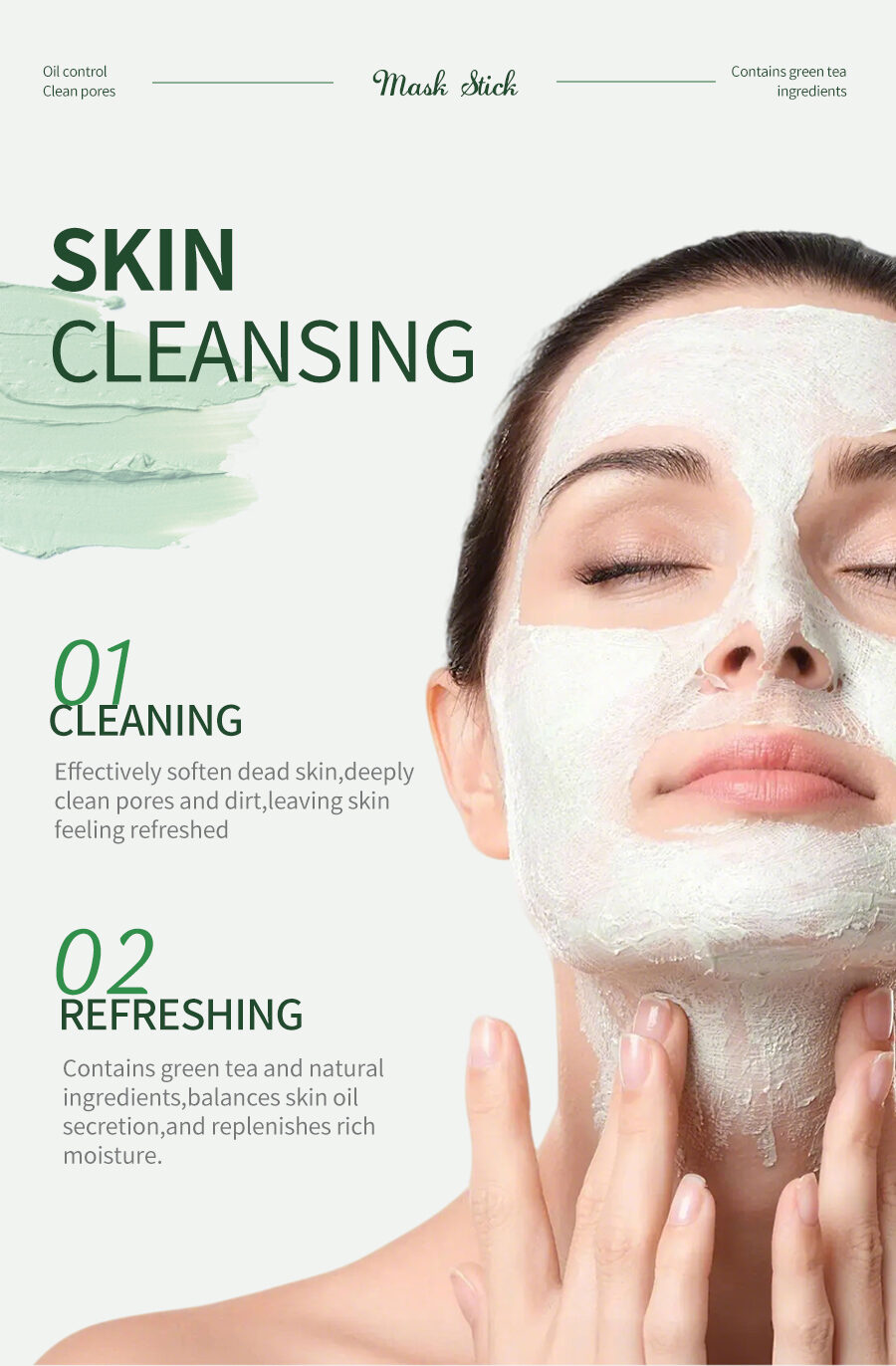 GreenLem OEM ODM Green Tea Face Mask Stick Oil Control Lightening & Nourishing Formula for Female(pic3)