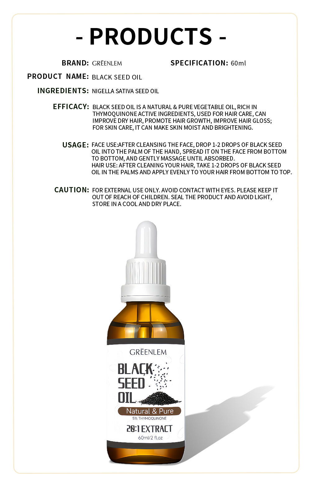 GREENLEM Black Seed Oil Serum Repair Split Ends Hair Growth Hydrate Skin 5% Thymoglutonine 28:1 Extract 60ml(pic5)