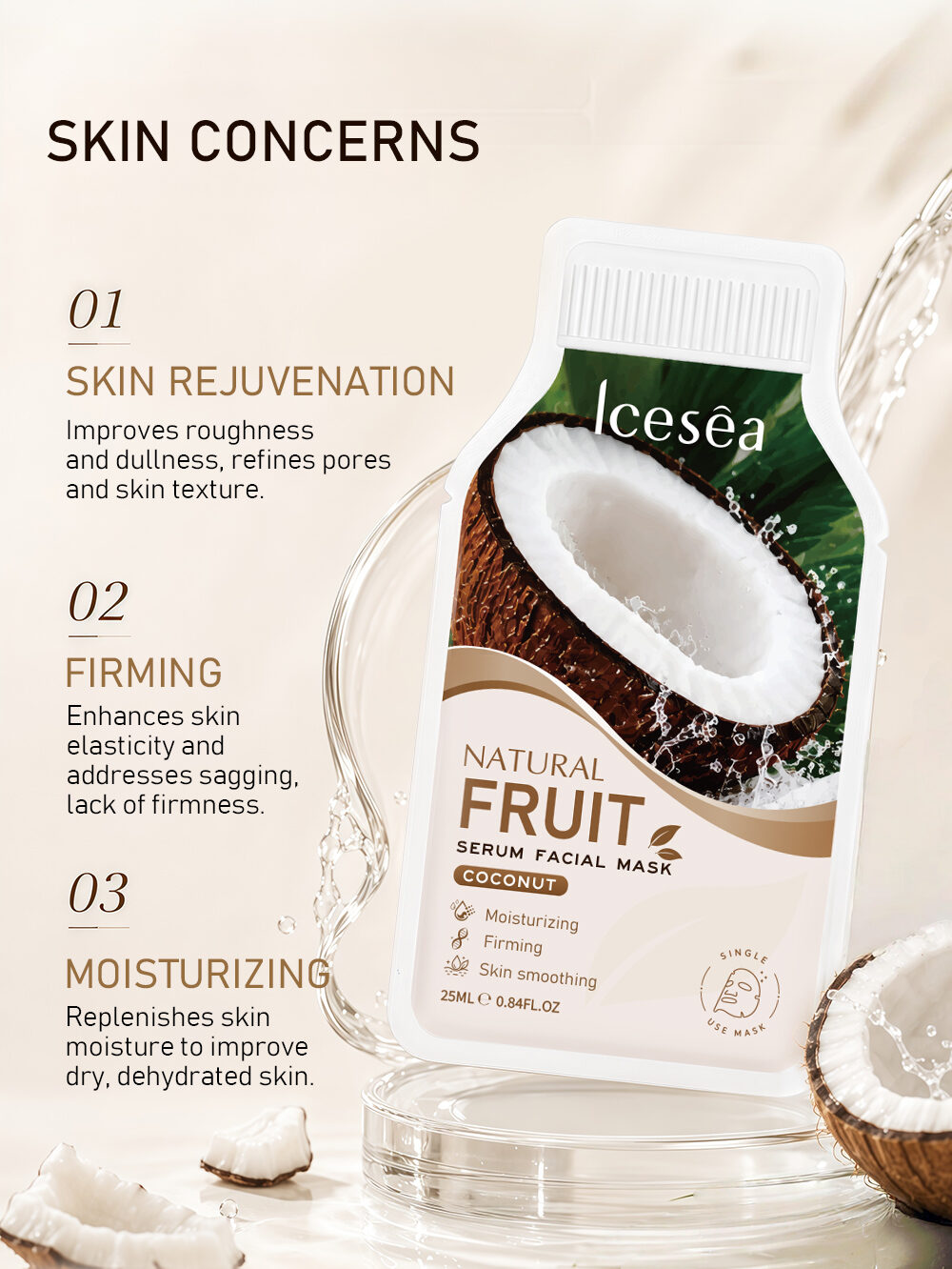 OEM Private Label Coconut Moisturizing Facial Mask, Firming & Smoothing Sheet Mask, 25ml Single-Use(pic3)