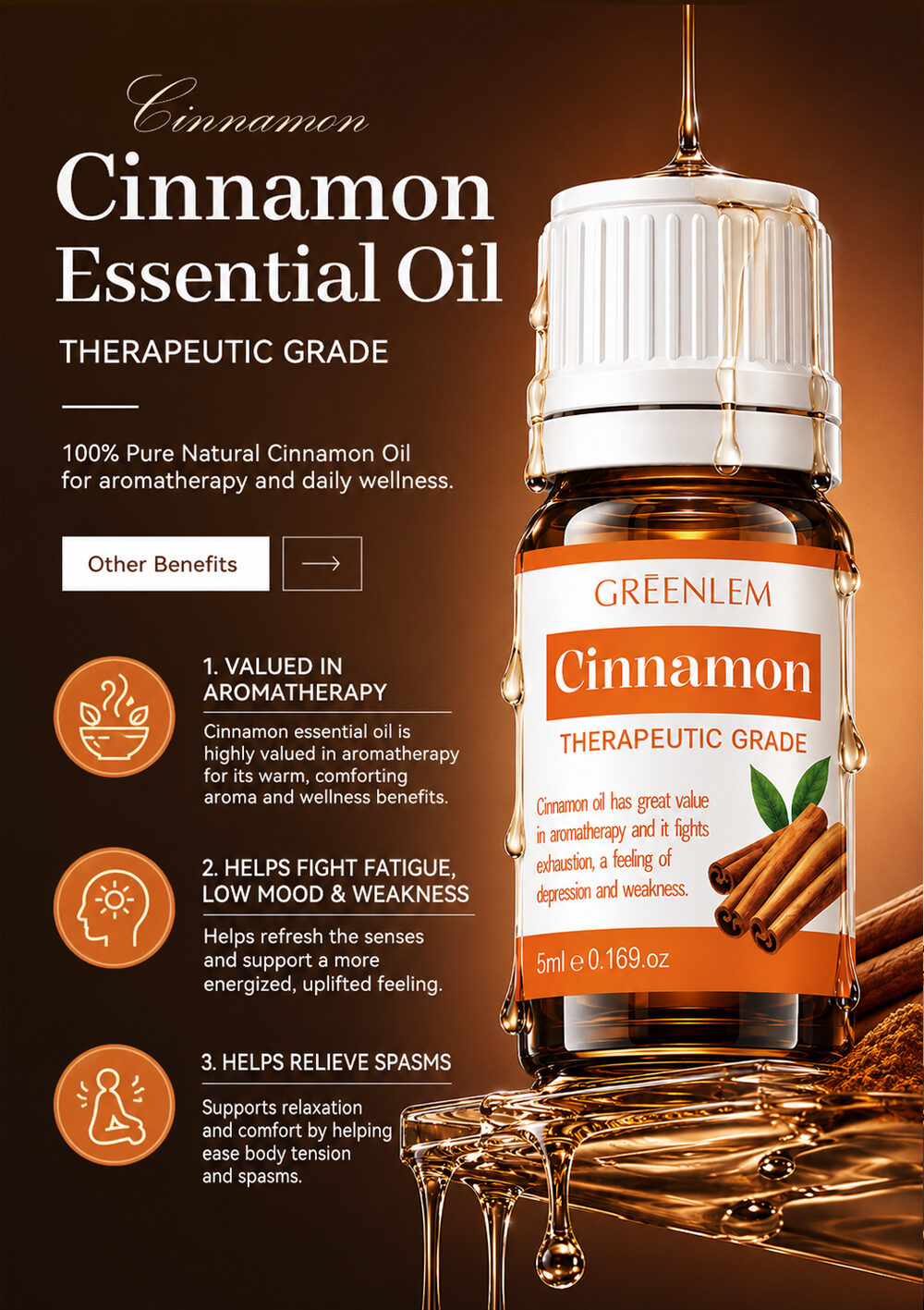 Wholesale Private Label OEM ODM Cinnamon Oil Cold Pressed Therapeutic Grade 100% Pure Natural Moisturizing Fresh Scent 5ml Body(pic3)